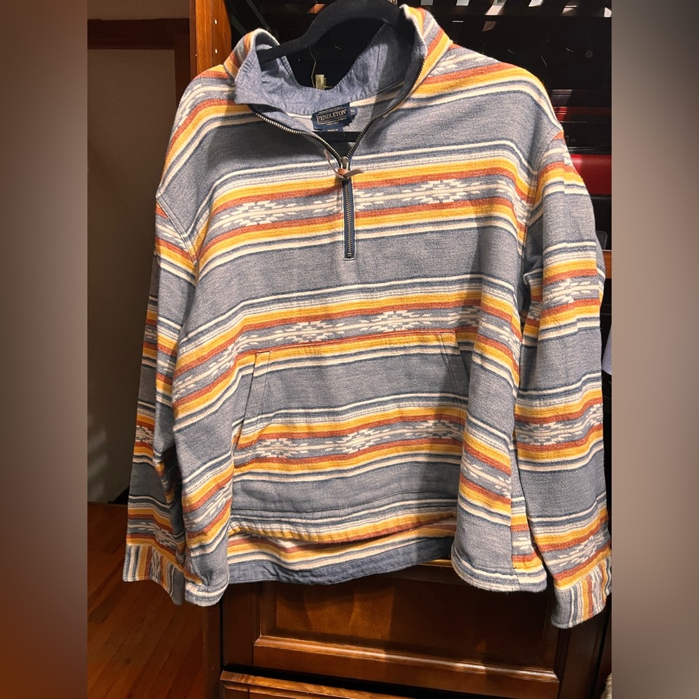 Pendleton Blue Striped Half-Zip with White, Yellow & Orange Accents Aztec